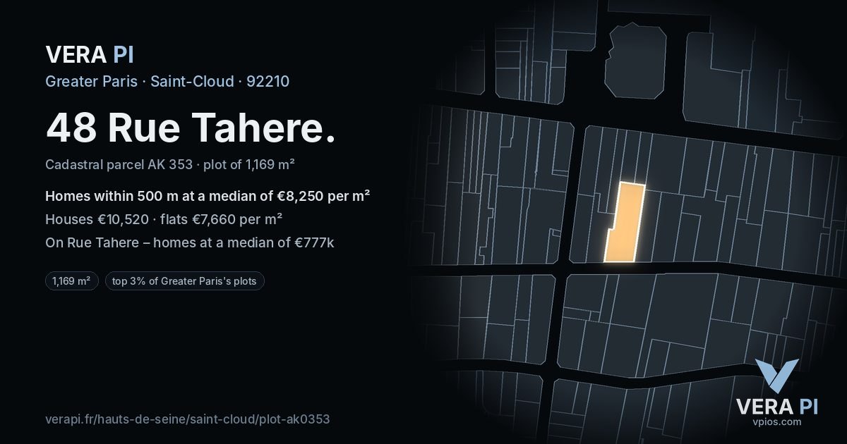 48 Rue Tahere, Saint-Cloud at night – the plot lit, the parcels around coloured by the prices near them
