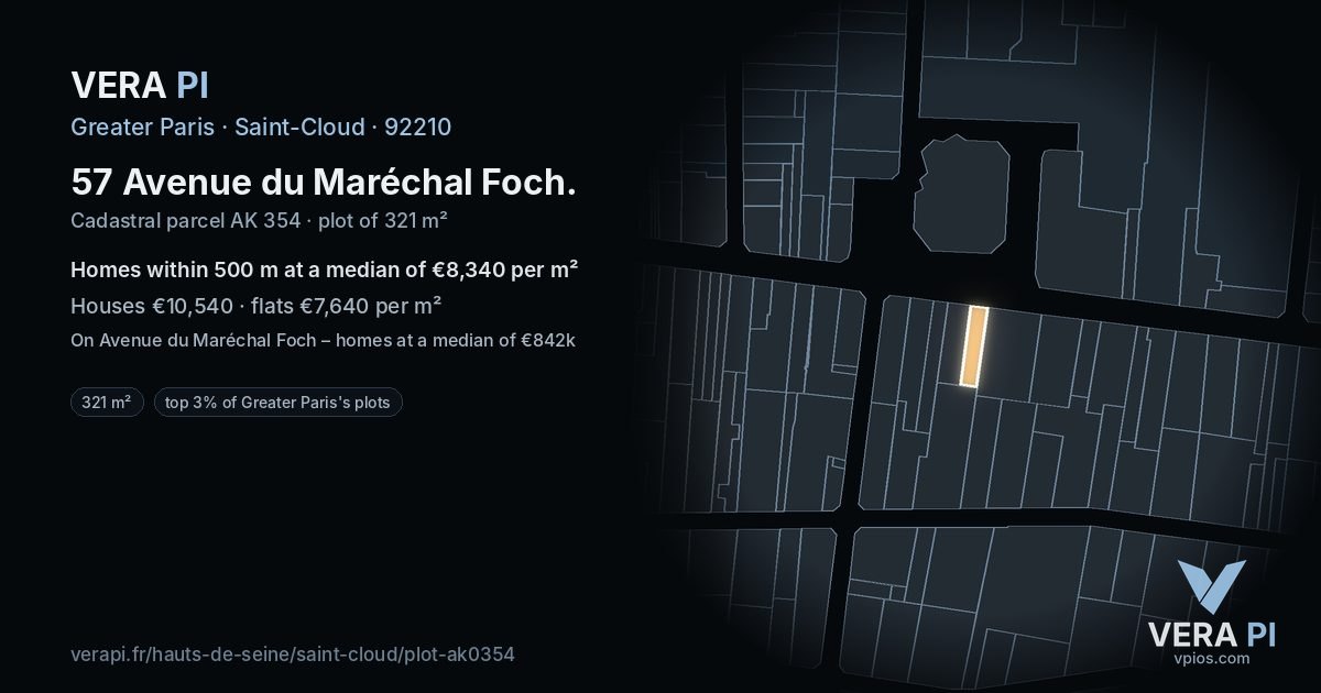 57 Avenue du Maréchal Foch, Saint-Cloud at night – the plot lit, the parcels around coloured by the prices near them