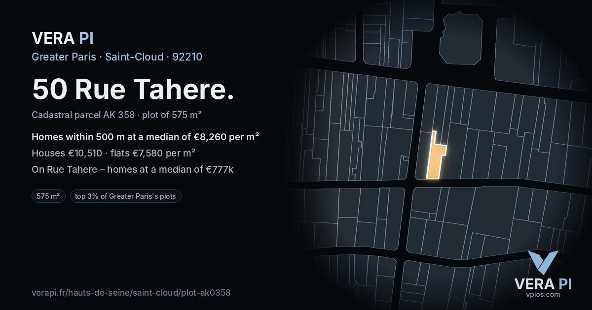 50 Rue Tahere, Saint-Cloud at night – the plot lit, the parcels around coloured by the prices near them