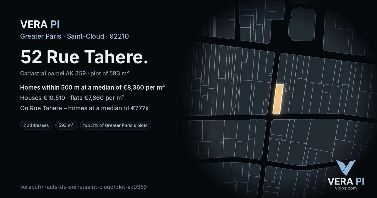 52 Rue Tahere, Saint-Cloud at night – the plot lit, the parcels around coloured by the prices near them