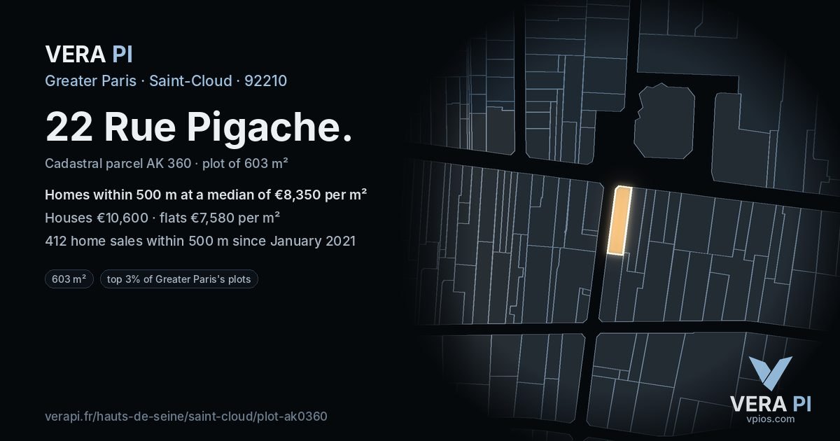 22 Rue Pigache, Saint-Cloud at night – the plot lit, the parcels around coloured by the prices near them