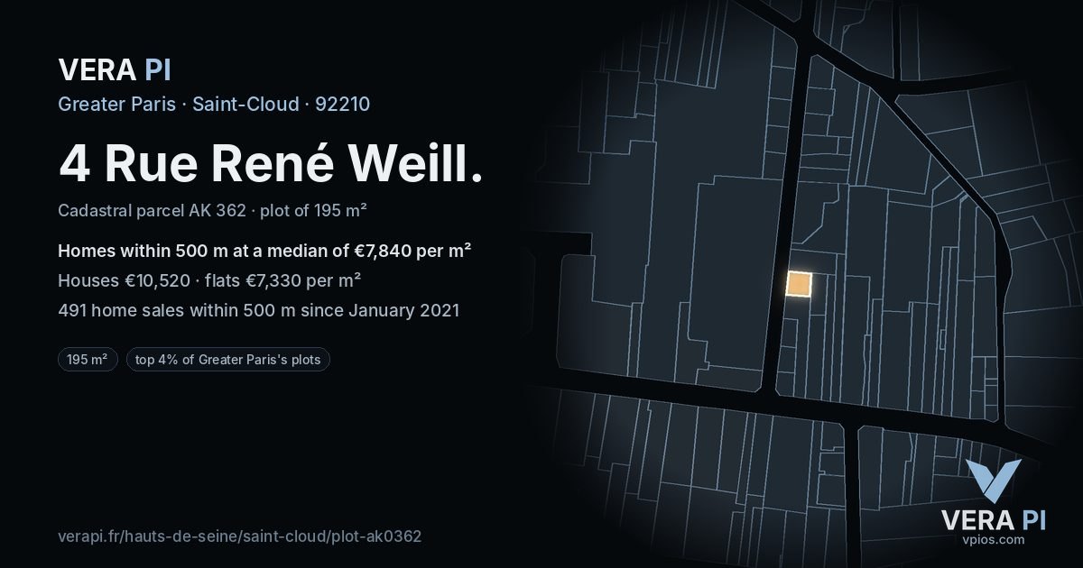 4 Rue René Weill, Saint-Cloud at night – the plot lit, the parcels around coloured by the prices near them