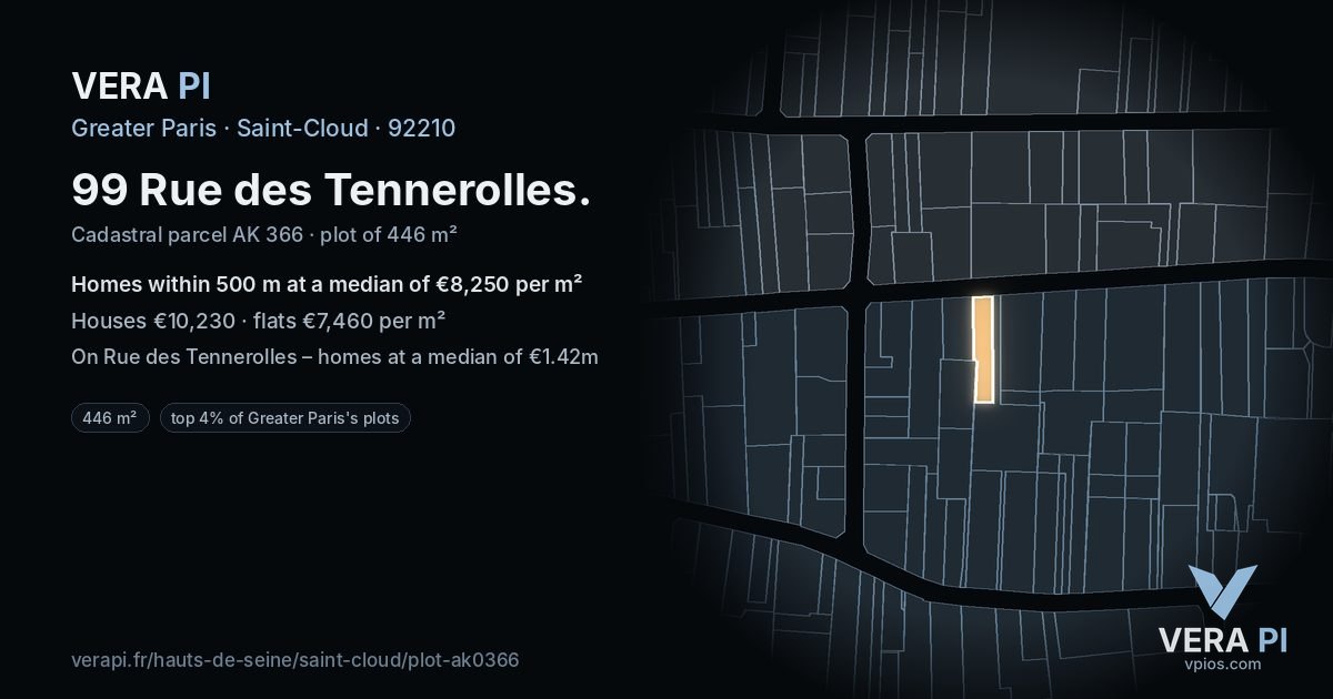 99 Rue des Tennerolles, Saint-Cloud at night – the plot lit, the parcels around coloured by the prices near them