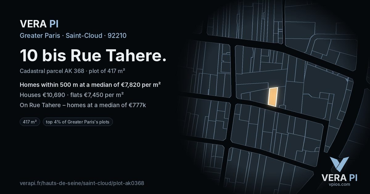 10 bis Rue Tahere, Saint-Cloud at night – the plot lit, the parcels around coloured by the prices near them
