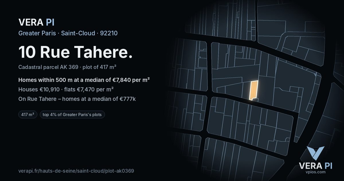 10 Rue Tahere, Saint-Cloud at night – the plot lit, the parcels around coloured by the prices near them