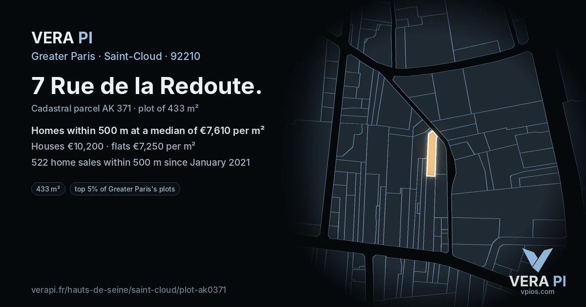 7 Rue de la Redoute, Saint-Cloud at night – the plot lit, the parcels around coloured by the prices near them