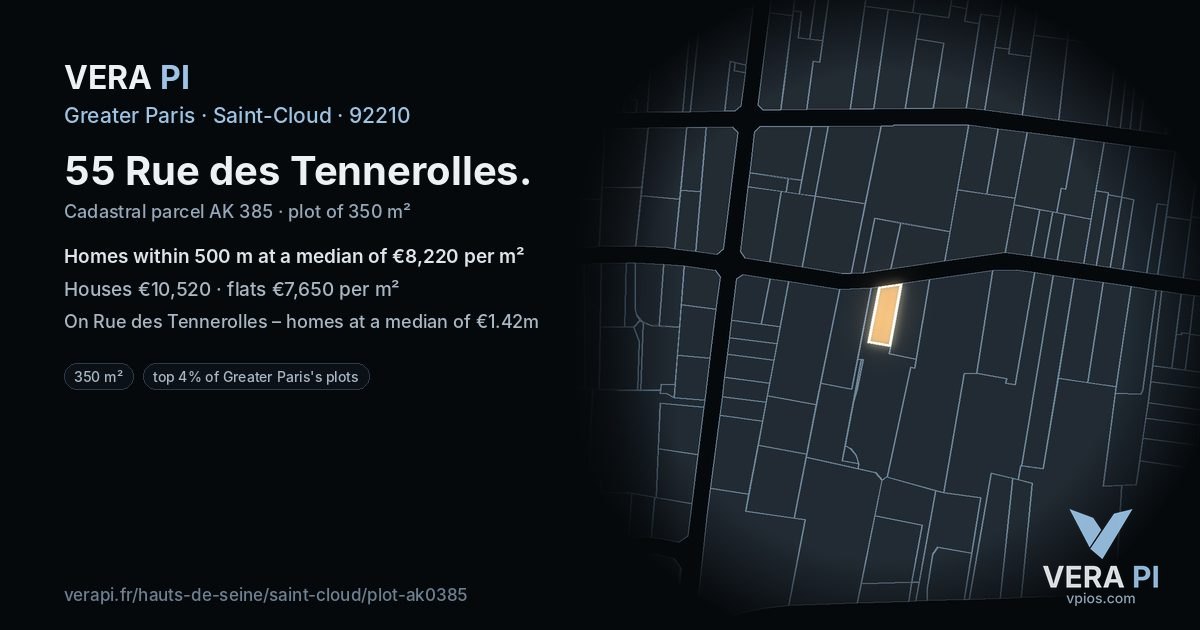 55 Rue des Tennerolles, Saint-Cloud at night – the plot lit, the parcels around coloured by the prices near them