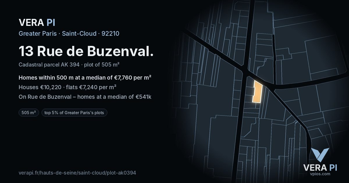 13 Rue de Buzenval, Saint-Cloud at night – the plot lit, the parcels around coloured by the prices near them