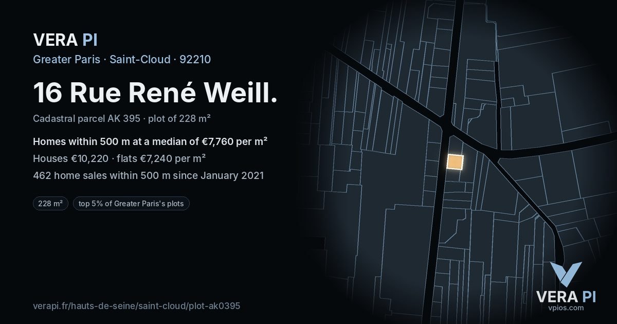 16 Rue René Weill, Saint-Cloud at night – the plot lit, the parcels around coloured by the prices near them