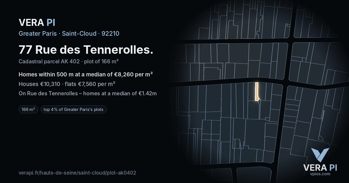 77 Rue des Tennerolles, Saint-Cloud at night – the plot lit, the parcels around coloured by the prices near them