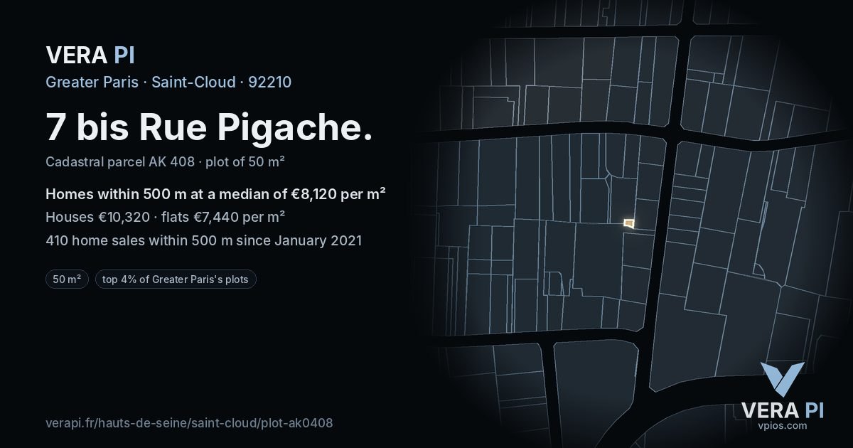 7 bis Rue Pigache, Saint-Cloud at night – the plot lit, the parcels around coloured by the prices near them