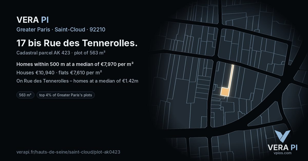 17 bis Rue des Tennerolles, Saint-Cloud at night – the plot lit, the parcels around coloured by the prices near them