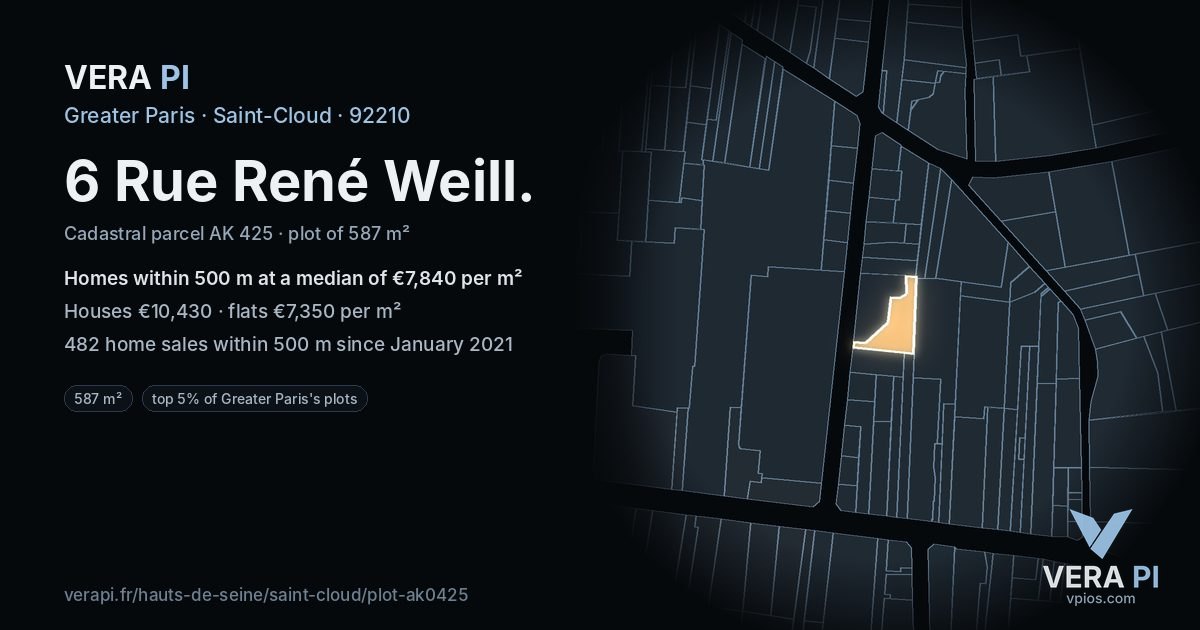 6 Rue René Weill, Saint-Cloud at night – the plot lit, the parcels around coloured by the prices near them