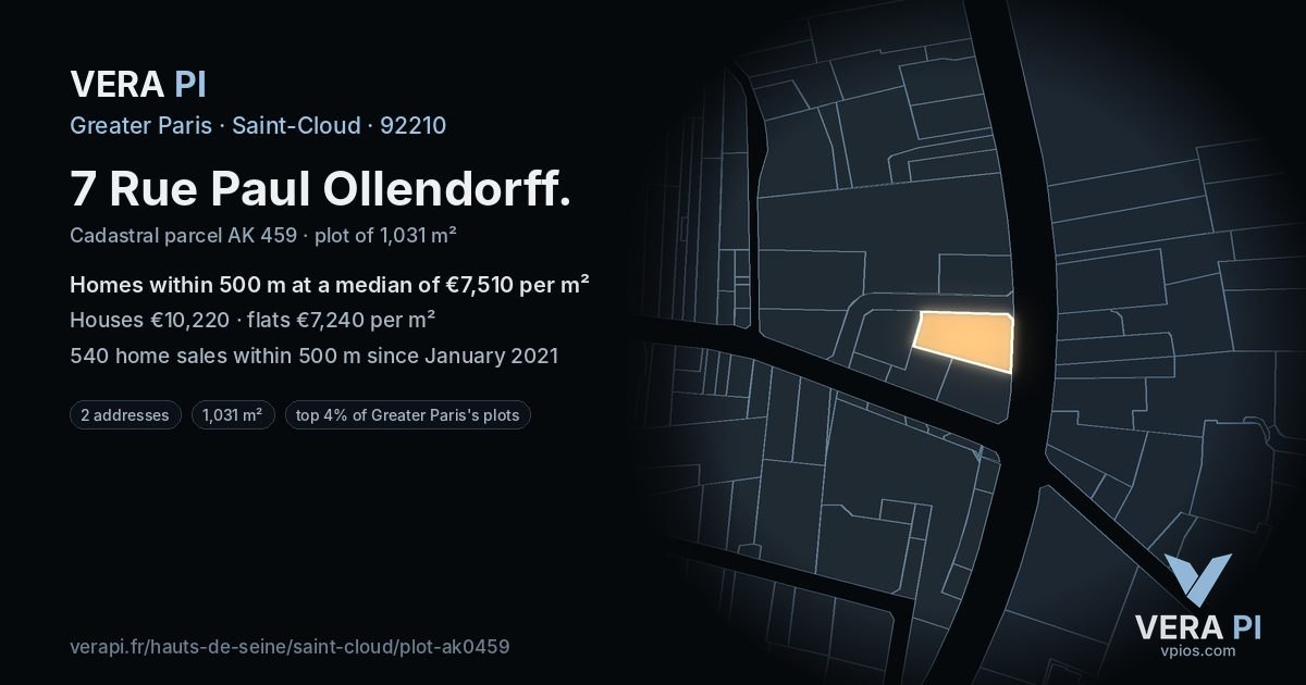 7 Rue Paul Ollendorff, Saint-Cloud at night – the plot lit, the parcels around coloured by the prices near them