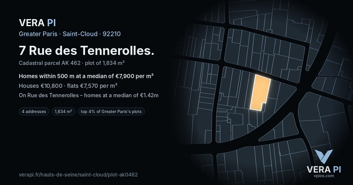 7 Rue des Tennerolles, Saint-Cloud at night – the plot lit, the parcels around coloured by the prices near them