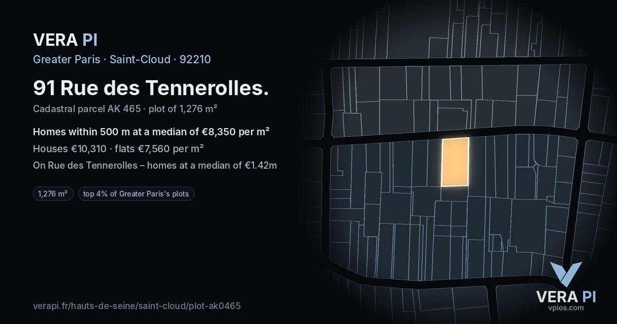 91 Rue des Tennerolles, Saint-Cloud at night – the plot lit, the parcels around coloured by the prices near them