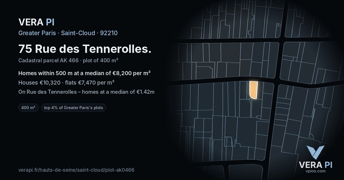 75 Rue des Tennerolles, Saint-Cloud at night – the plot lit, the parcels around coloured by the prices near them