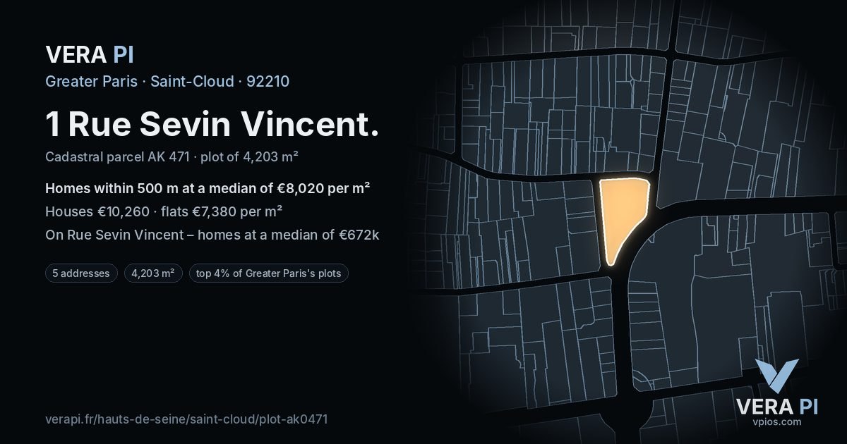 1 Rue Sevin Vincent, Saint-Cloud at night – the plot lit, the parcels around coloured by the prices near them