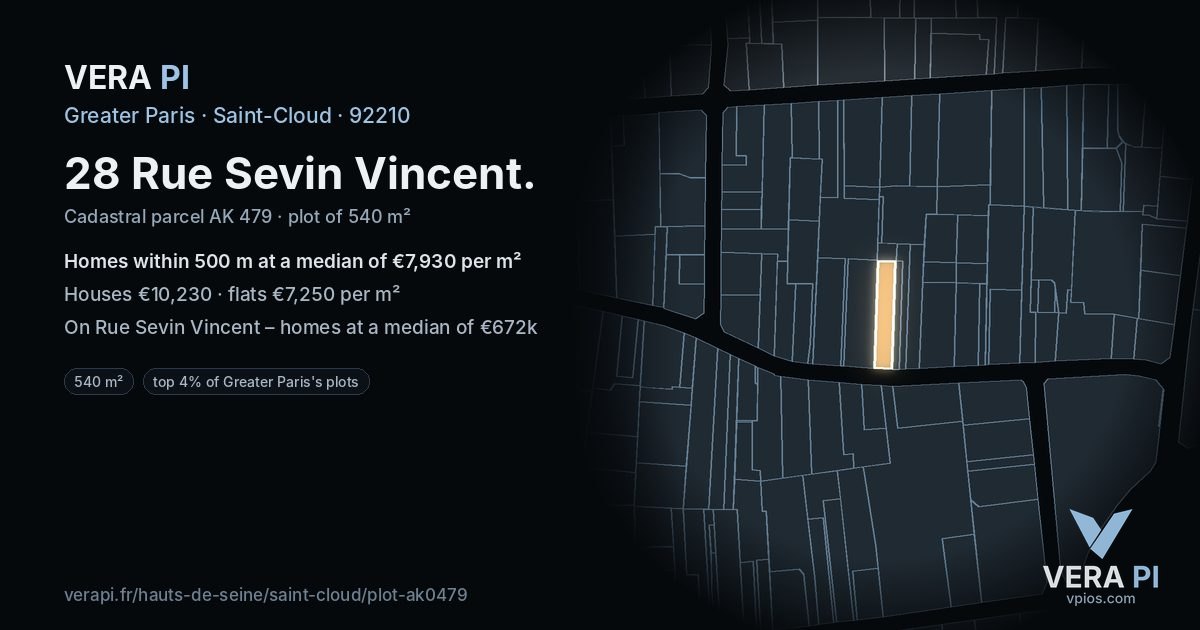 28 Rue Sevin Vincent, Saint-Cloud at night – the plot lit, the parcels around coloured by the prices near them