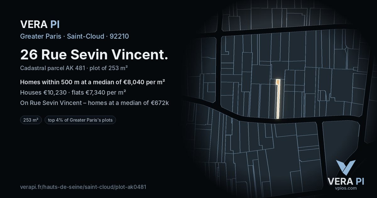 26 Rue Sevin Vincent, Saint-Cloud at night – the plot lit, the parcels around coloured by the prices near them