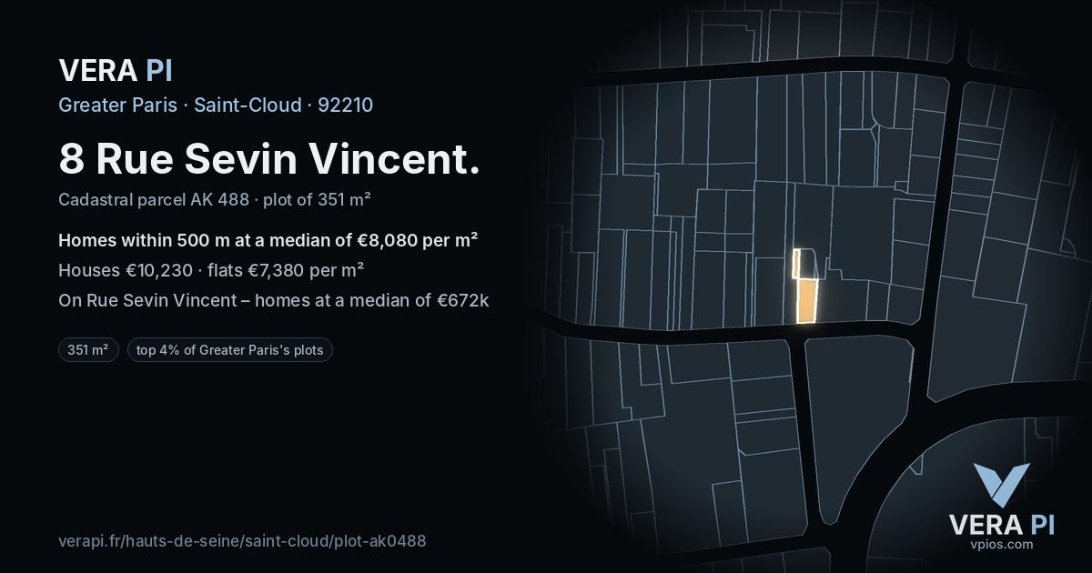 8 Rue Sevin Vincent, Saint-Cloud at night – the plot lit, the parcels around coloured by the prices near them