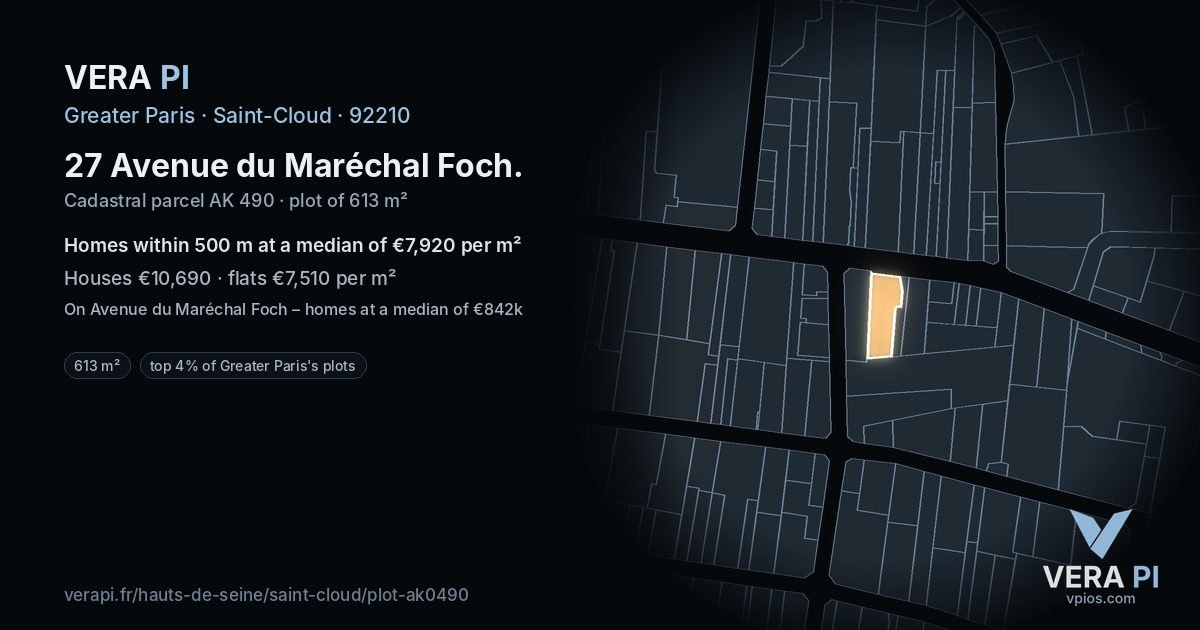 27 Avenue du Maréchal Foch, Saint-Cloud at night – the plot lit, the parcels around coloured by the prices near them