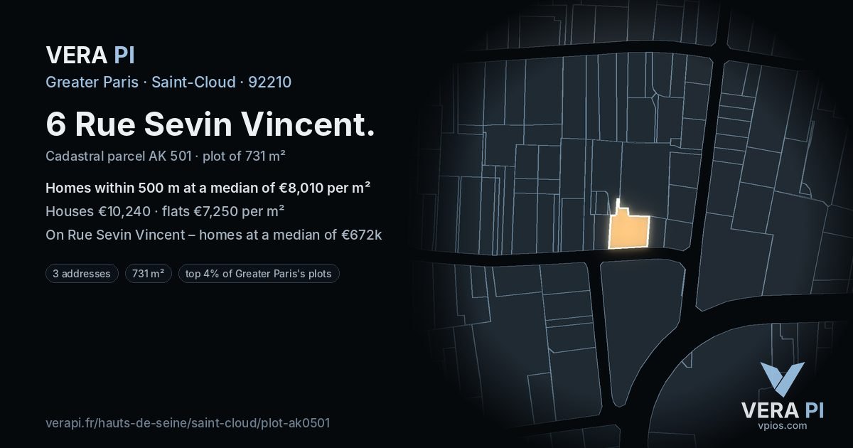 6 Rue Sevin Vincent, Saint-Cloud at night – the plot lit, the parcels around coloured by the prices near them