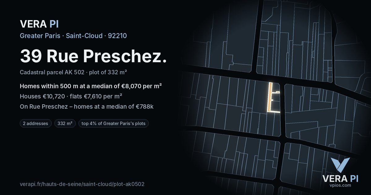 39 Rue Preschez, Saint-Cloud at night – the plot lit, the parcels around coloured by the prices near them