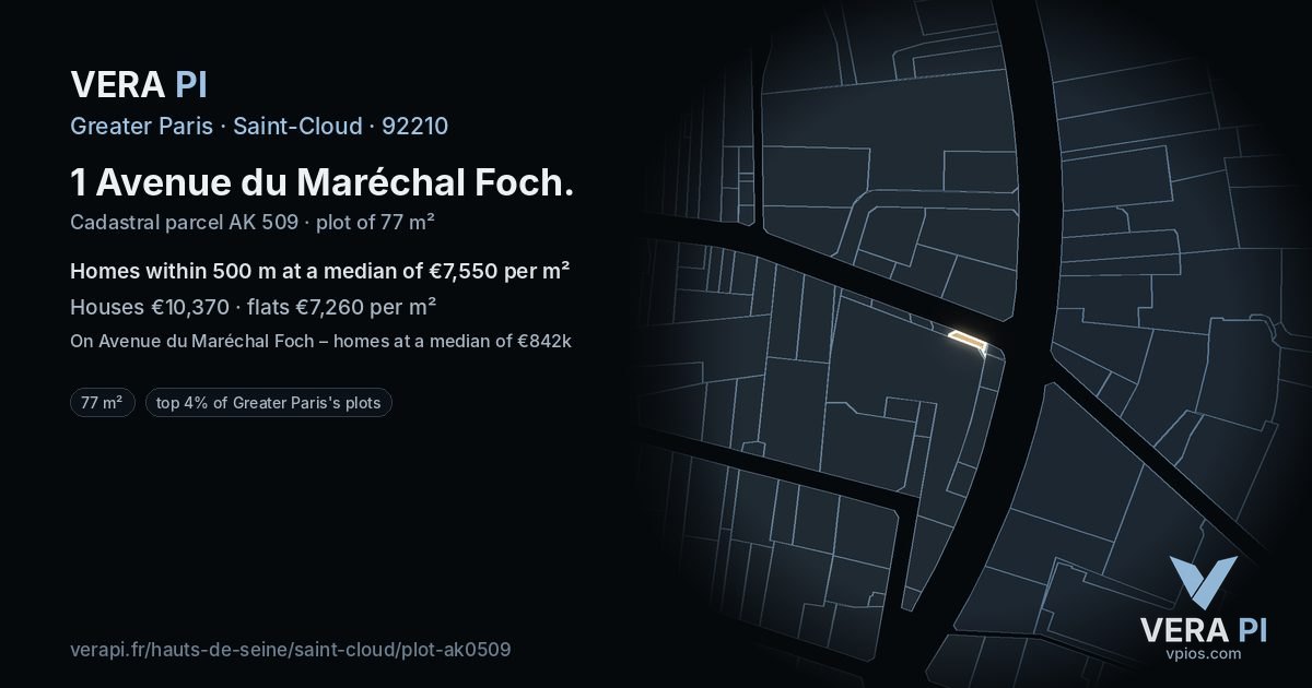 1 Avenue du Maréchal Foch, Saint-Cloud at night – the plot lit, the parcels around coloured by the prices near them