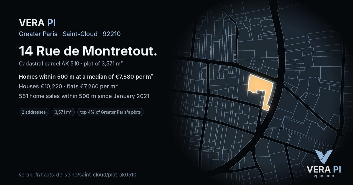14 Rue de Montretout, Saint-Cloud at night – the plot lit, the parcels around coloured by the prices near them