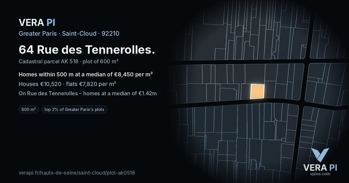 64 Rue des Tennerolles, Saint-Cloud at night – the plot lit, the parcels around coloured by the prices near them