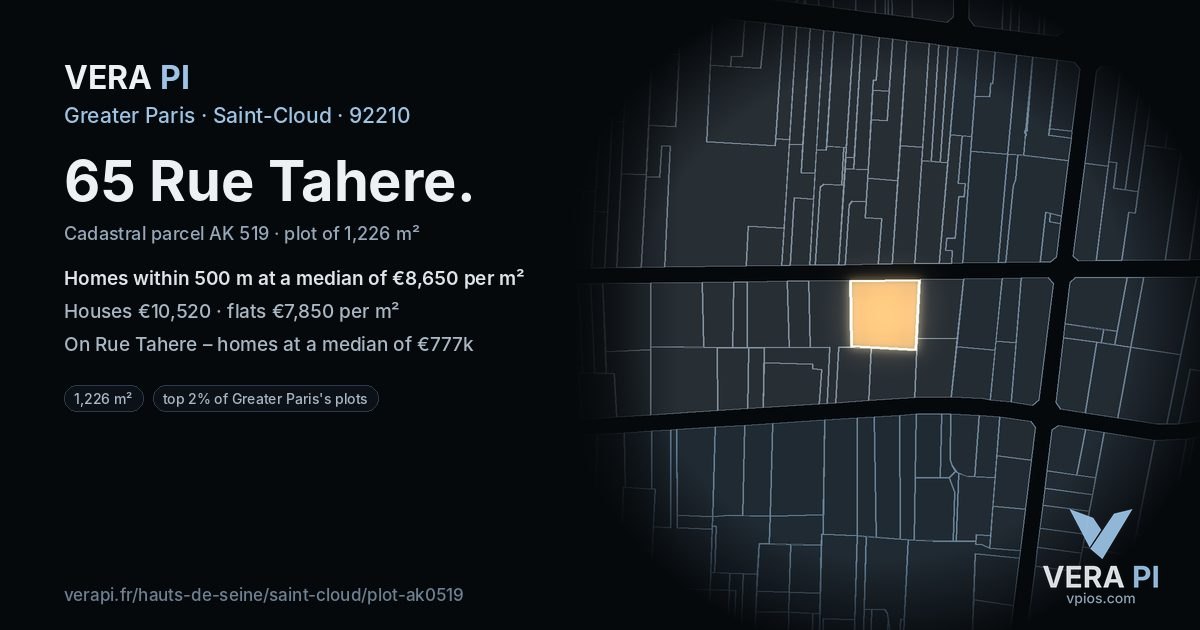 65 Rue Tahere, Saint-Cloud at night – the plot lit, the parcels around coloured by the prices near them