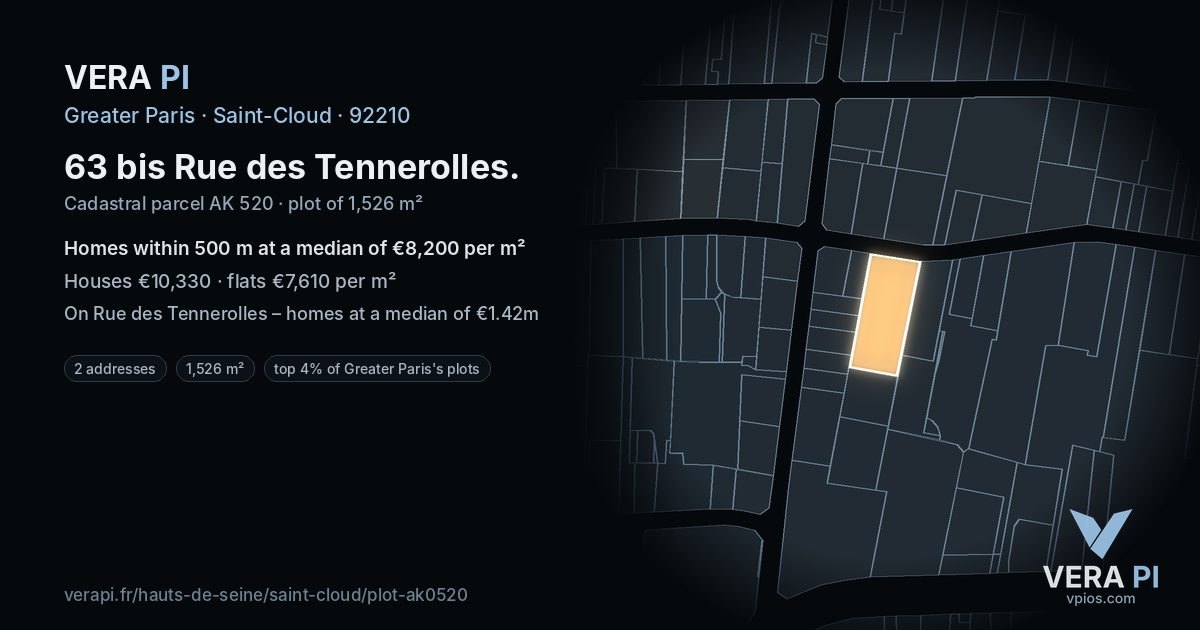 63 bis Rue des Tennerolles, Saint-Cloud at night – the plot lit, the parcels around coloured by the prices near them
