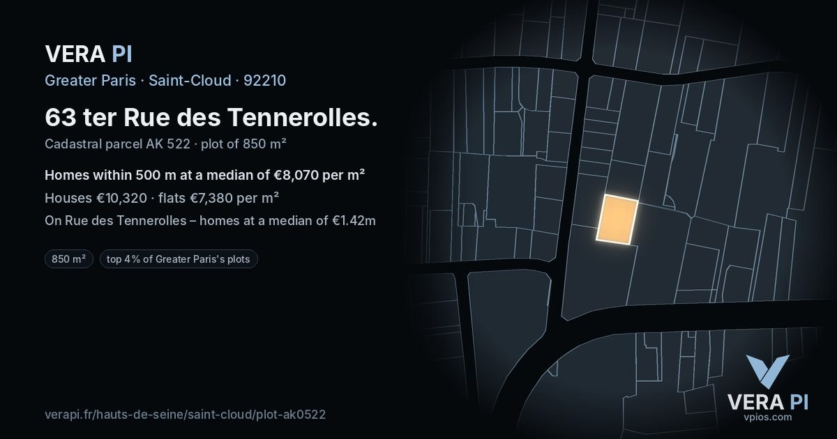 63 ter Rue des Tennerolles, Saint-Cloud at night – the plot lit, the parcels around coloured by the prices near them