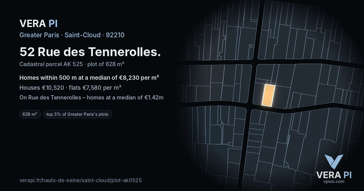 52 Rue des Tennerolles, Saint-Cloud at night – the plot lit, the parcels around coloured by the prices near them