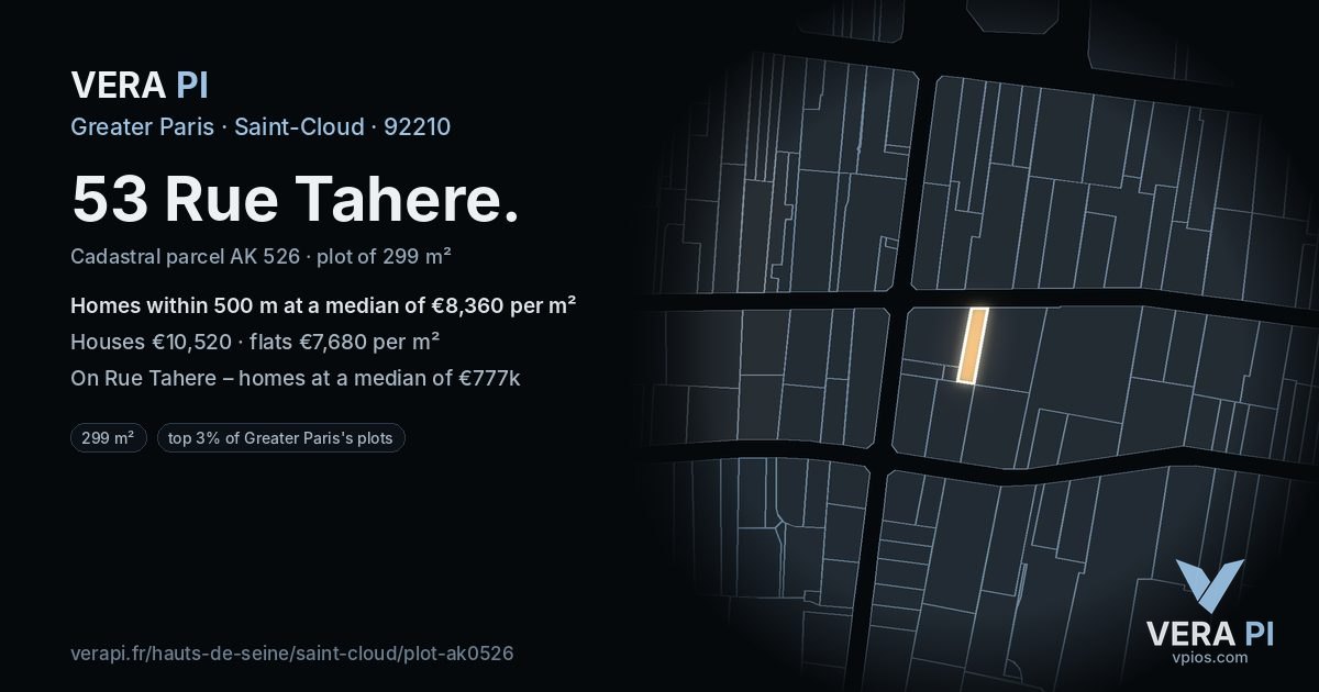 53 Rue Tahere, Saint-Cloud at night – the plot lit, the parcels around coloured by the prices near them