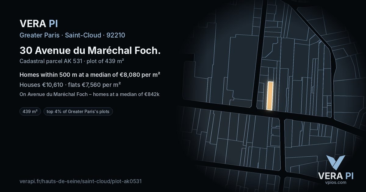 30 Avenue du Maréchal Foch, Saint-Cloud at night – the plot lit, the parcels around coloured by the prices near them