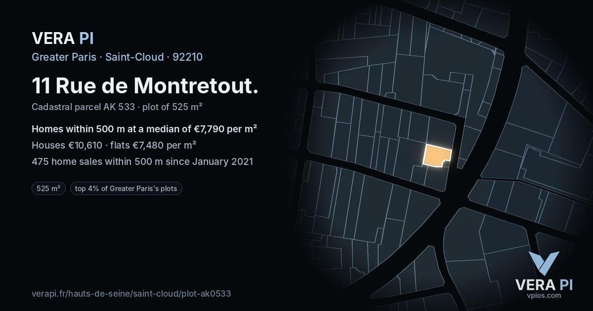 11 Rue de Montretout, Saint-Cloud at night – the plot lit, the parcels around coloured by the prices near them