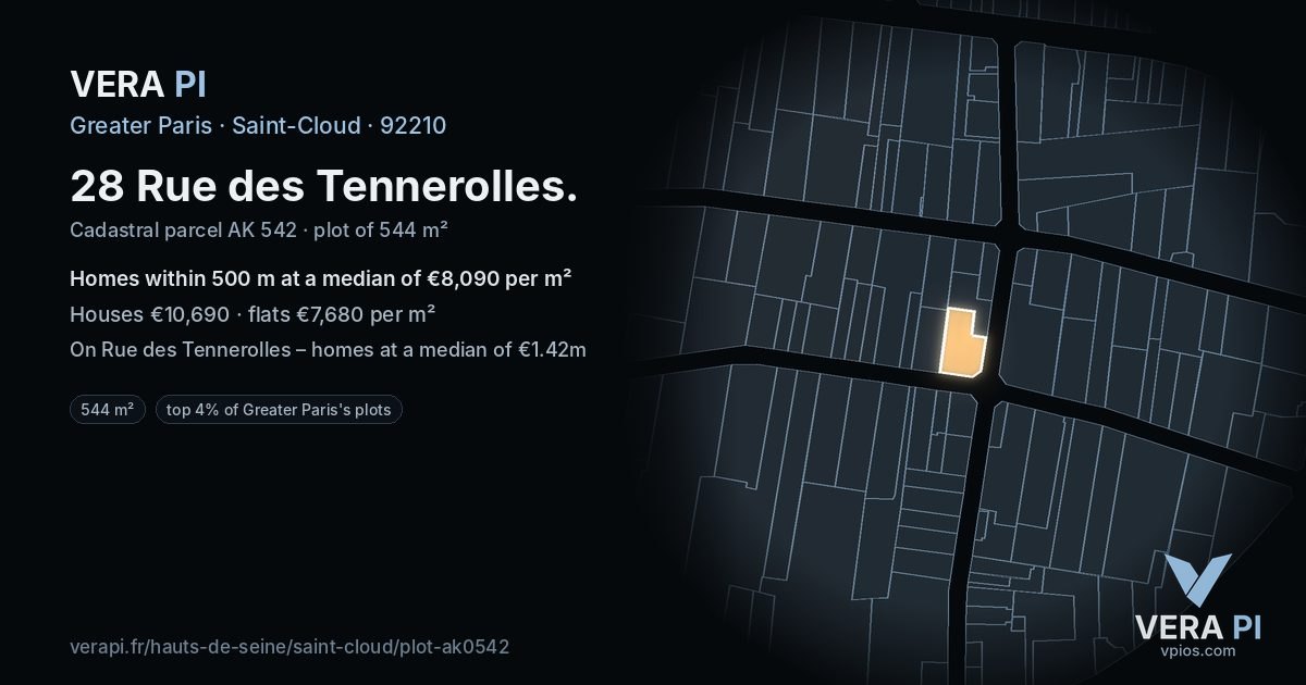 28 Rue des Tennerolles, Saint-Cloud at night – the plot lit, the parcels around coloured by the prices near them