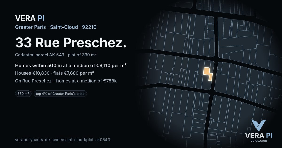 33 Rue Preschez, Saint-Cloud at night – the plot lit, the parcels around coloured by the prices near them