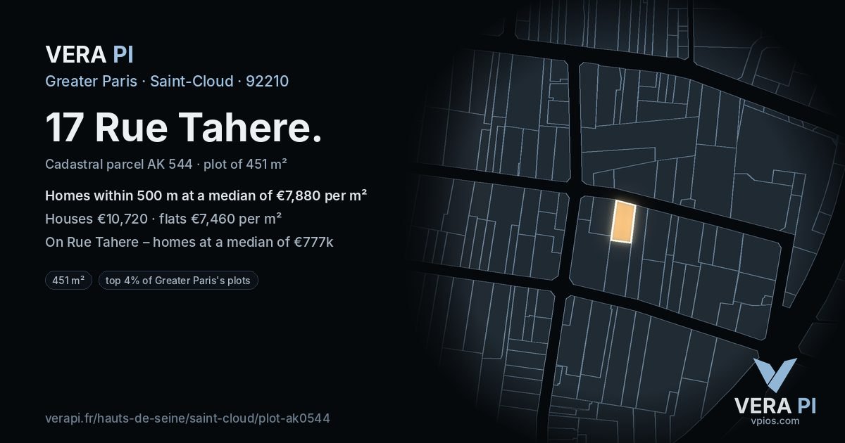 17 Rue Tahere, Saint-Cloud at night – the plot lit, the parcels around coloured by the prices near them