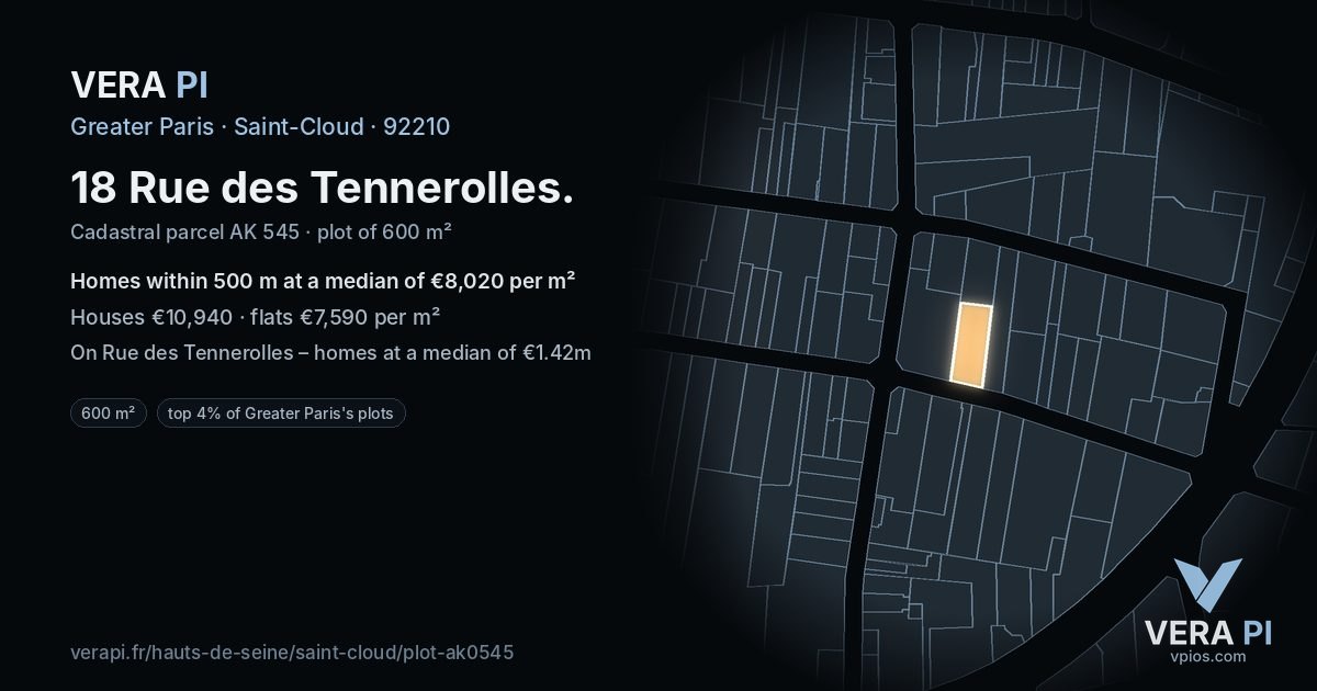 18 Rue des Tennerolles, Saint-Cloud at night – the plot lit, the parcels around coloured by the prices near them