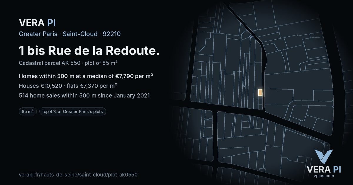 1 bis Rue de la Redoute, Saint-Cloud at night – the plot lit, the parcels around coloured by the prices near them