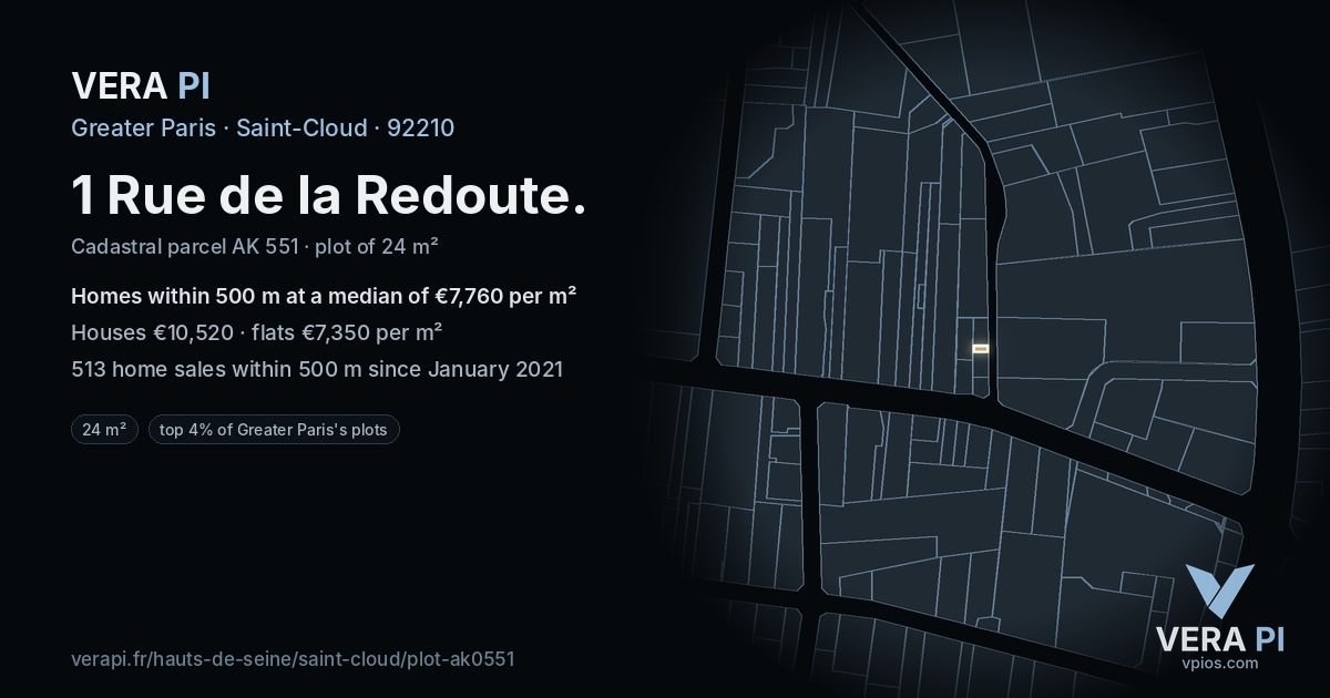 1 Rue de la Redoute, Saint-Cloud at night – the plot lit, the parcels around coloured by the prices near them