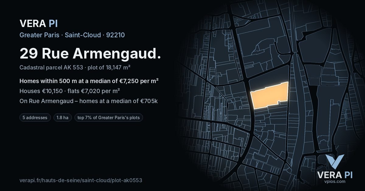 29 Rue Armengaud, Saint-Cloud at night – the plot lit, the parcels around coloured by the prices near them