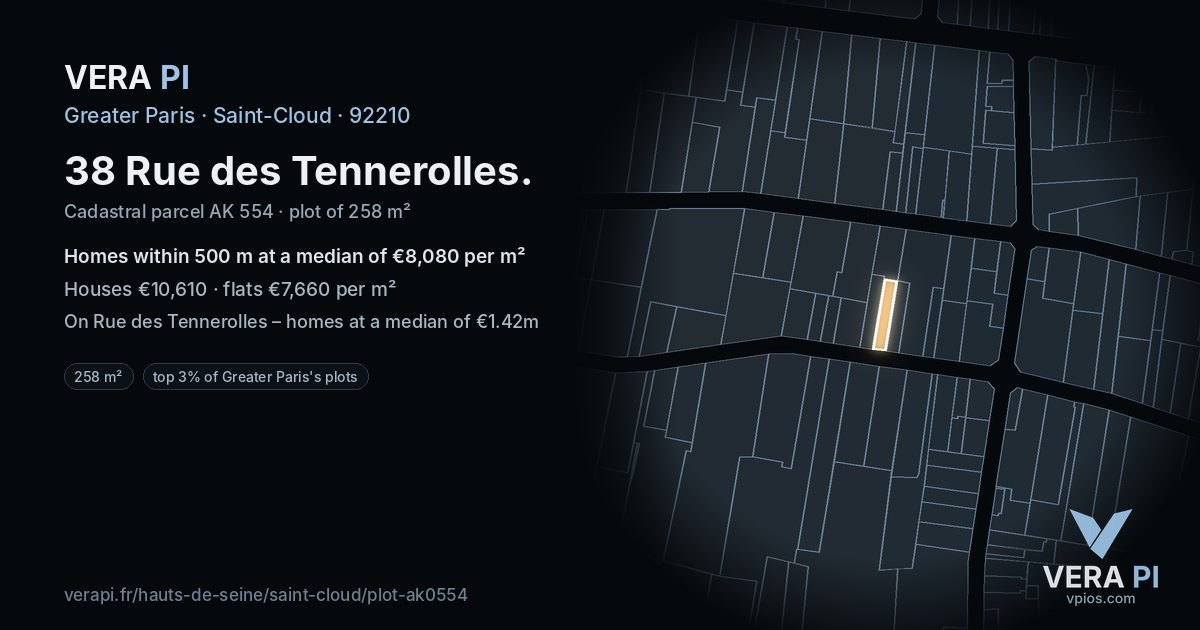 38 Rue des Tennerolles, Saint-Cloud at night – the plot lit, the parcels around coloured by the prices near them