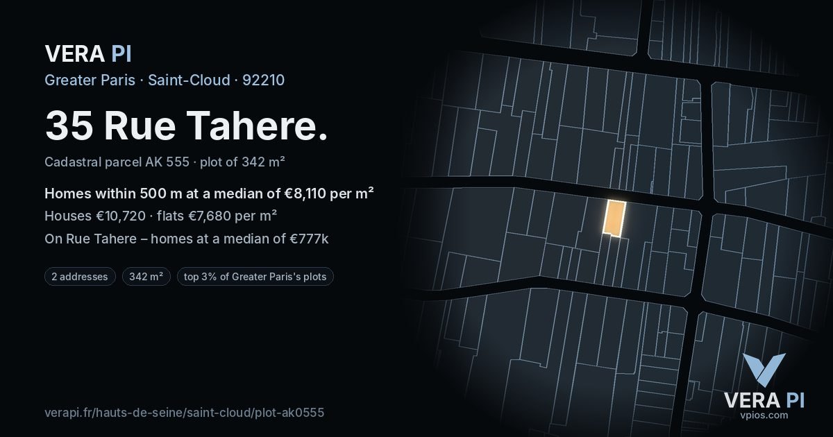 35 Rue Tahere, Saint-Cloud at night – the plot lit, the parcels around coloured by the prices near them