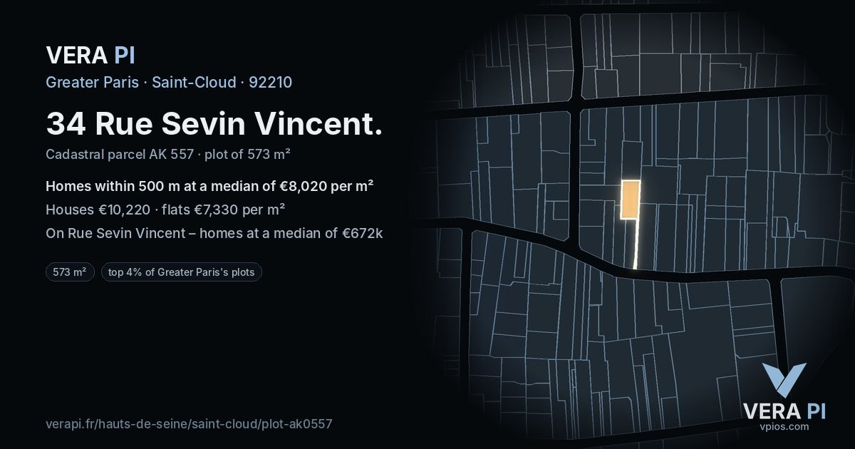 34 Rue Sevin Vincent, Saint-Cloud at night – the plot lit, the parcels around coloured by the prices near them