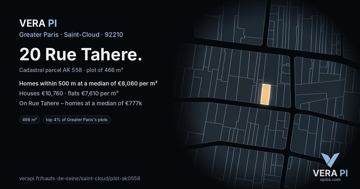 20 Rue Tahere, Saint-Cloud at night – the plot lit, the parcels around coloured by the prices near them