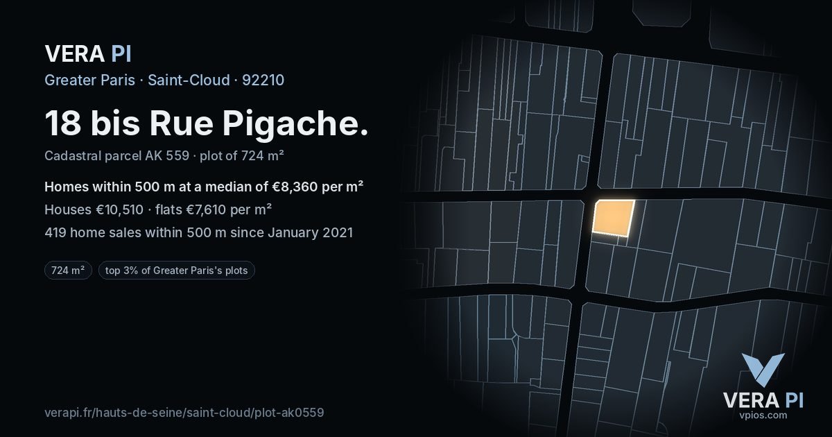 18 bis Rue Pigache, Saint-Cloud at night – the plot lit, the parcels around coloured by the prices near them